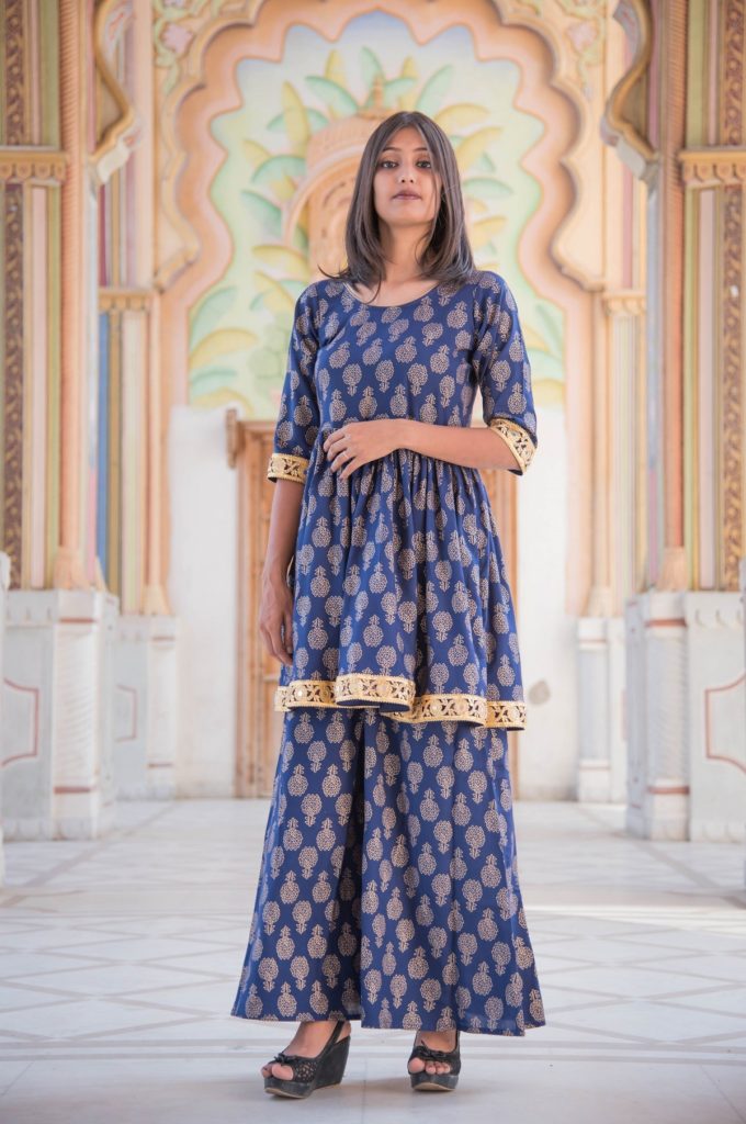 Cotton Printed Blue v-neck short kurti lace work with plazzo set at Rs 799  in Surat