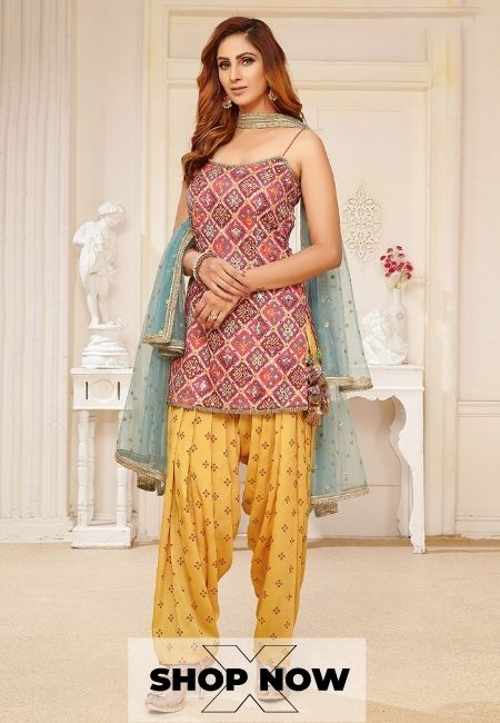 Orange And Yellow Silk Printed Punjabi Style salwar suit