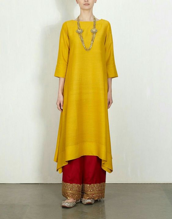 yellow long kurti and palazzo suit set