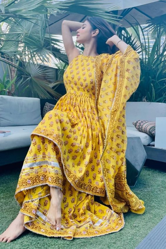 printed peplum palazzo yellow salwar suit