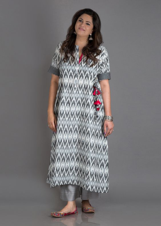 grey printed long kurti palazzo suit set