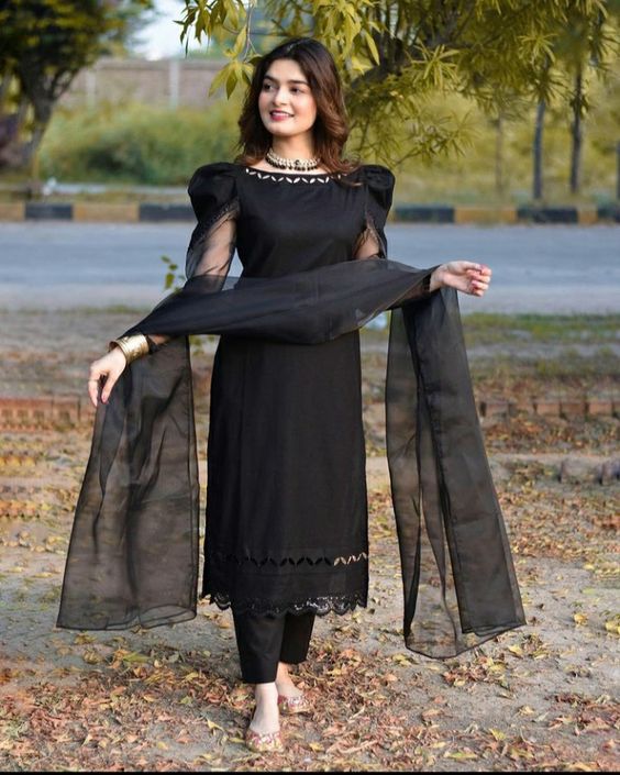 Organza and cotton Plain Black Salwar suit