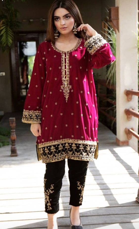 Short maroon red punjabi salwar suit