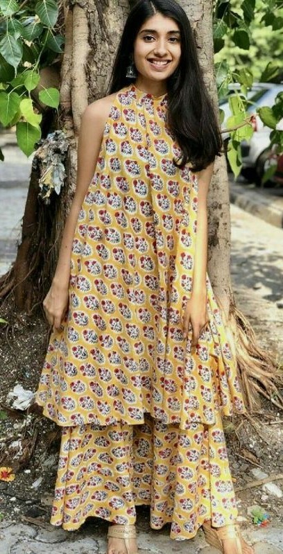 printed mustard flared palazzo suit set