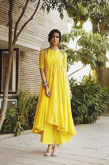 yellow uneven kurti palazzo set