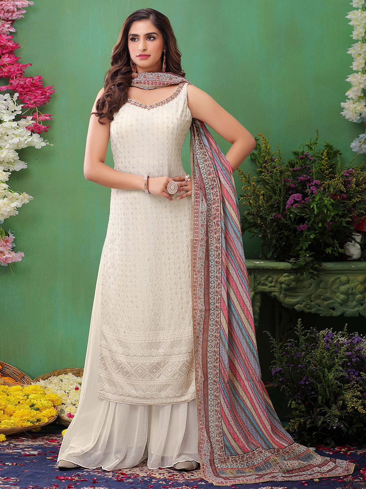 Peach Color Embroidered Georgette Modern Chic Palazzo Suit With Koti-thanhphatduhoc.com.vn