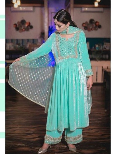 sea blue velvet palazzo style punjabi suit