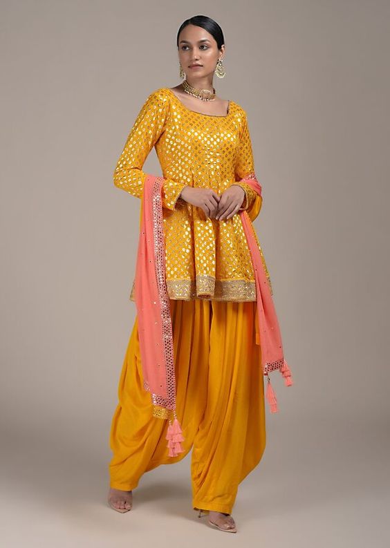 pink and yellow peplum style punjabi suit